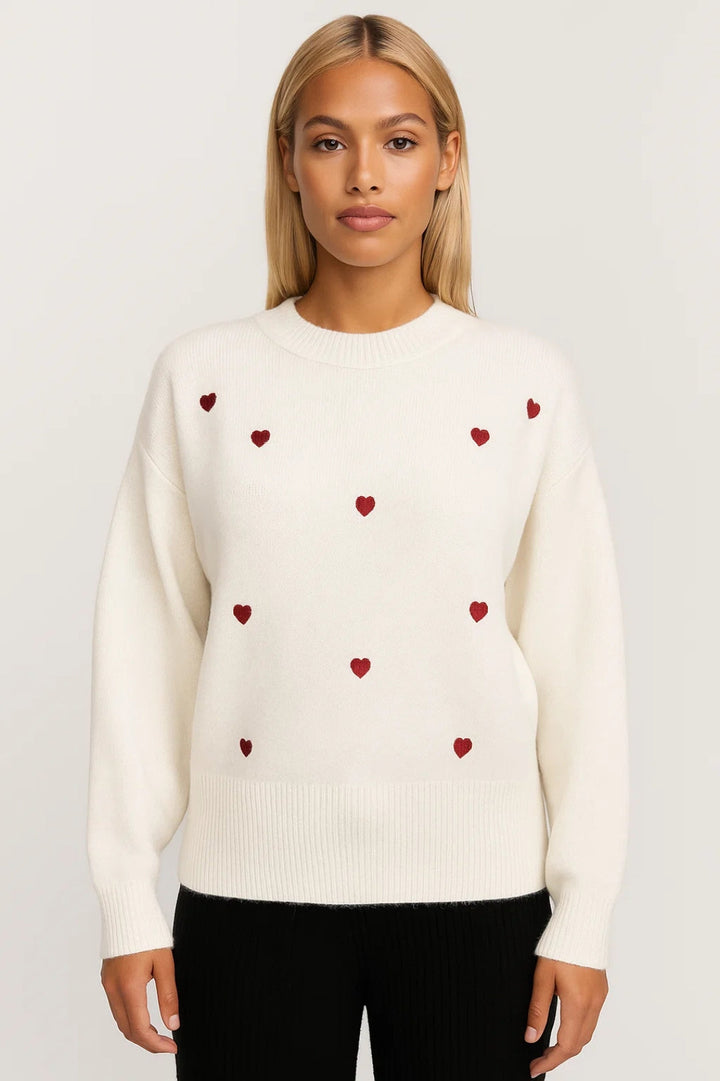 Women’s White Heart Pattern Crewneck Sweater