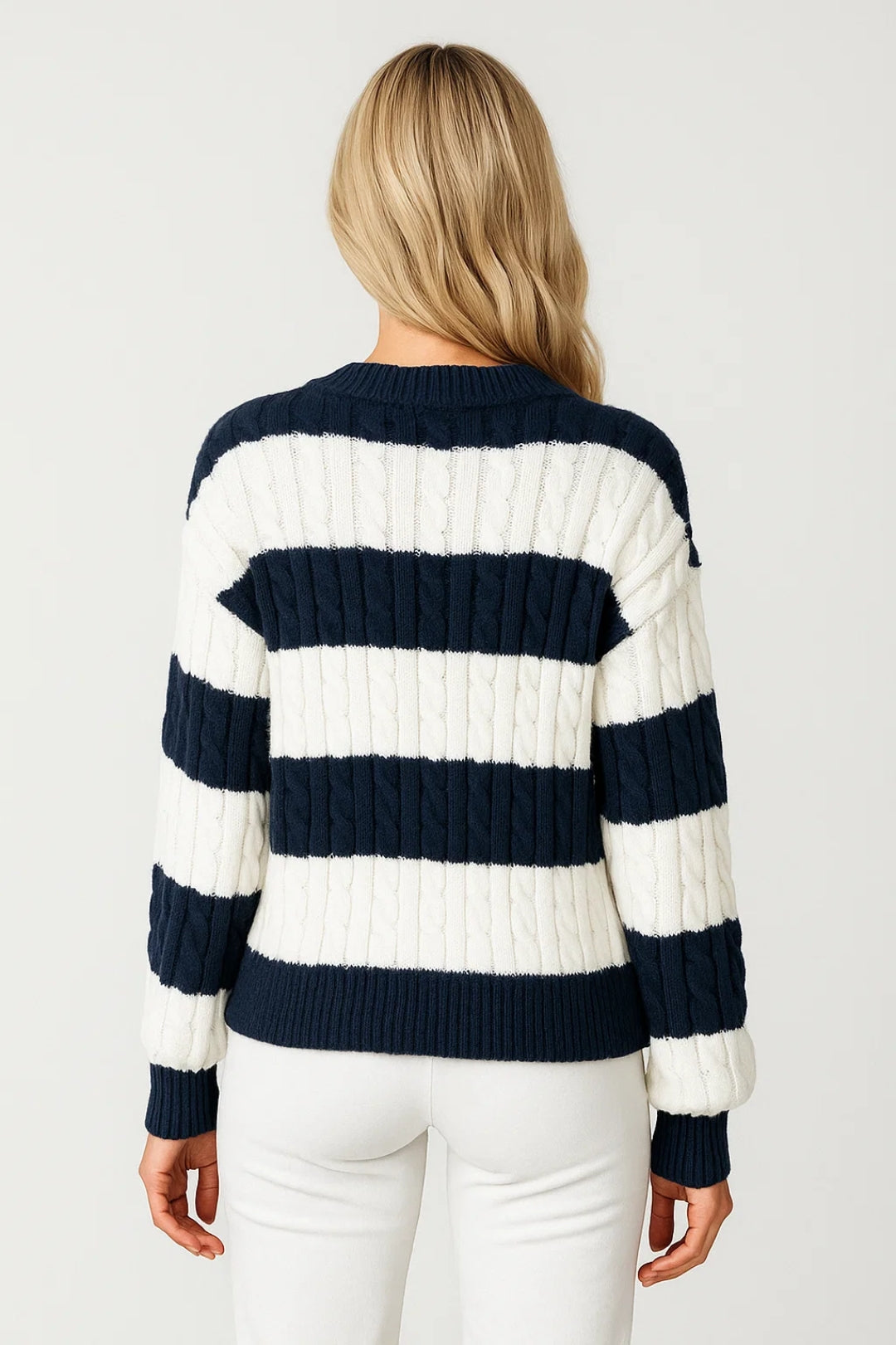 Women’s V-Neck Cable-Knit Striped Sweater