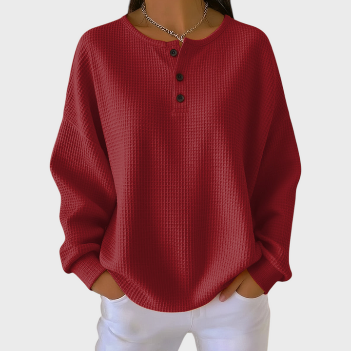 Women’s Waffle Knit Button Neck Pullover Sweater