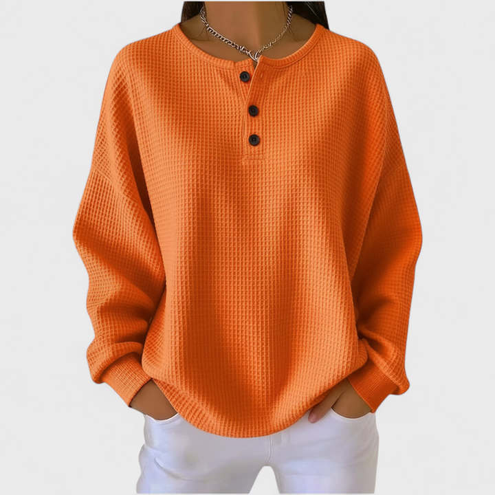 Women’s Waffle Knit Button Neck Pullover Sweater