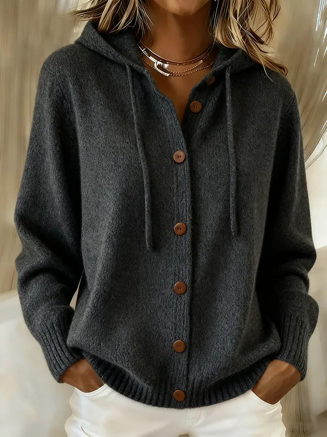 Women's Drawstring Hooded Button-Front Cardigan