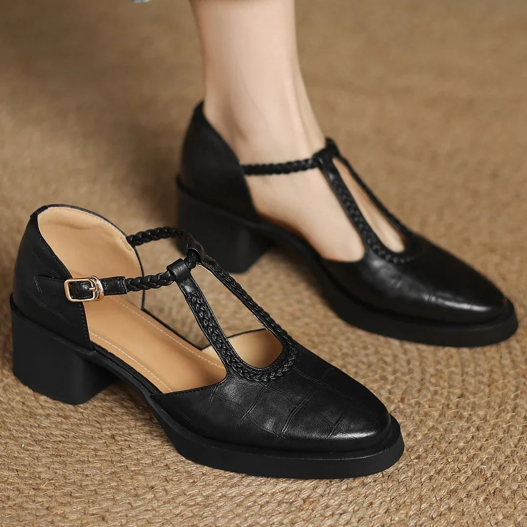 Women’s Elegant T-Strap Mid Heel Shoes