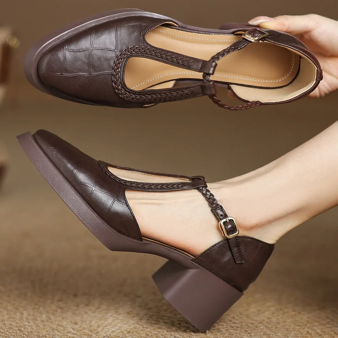 Women’s Elegant T-Strap Mid Heel Shoes