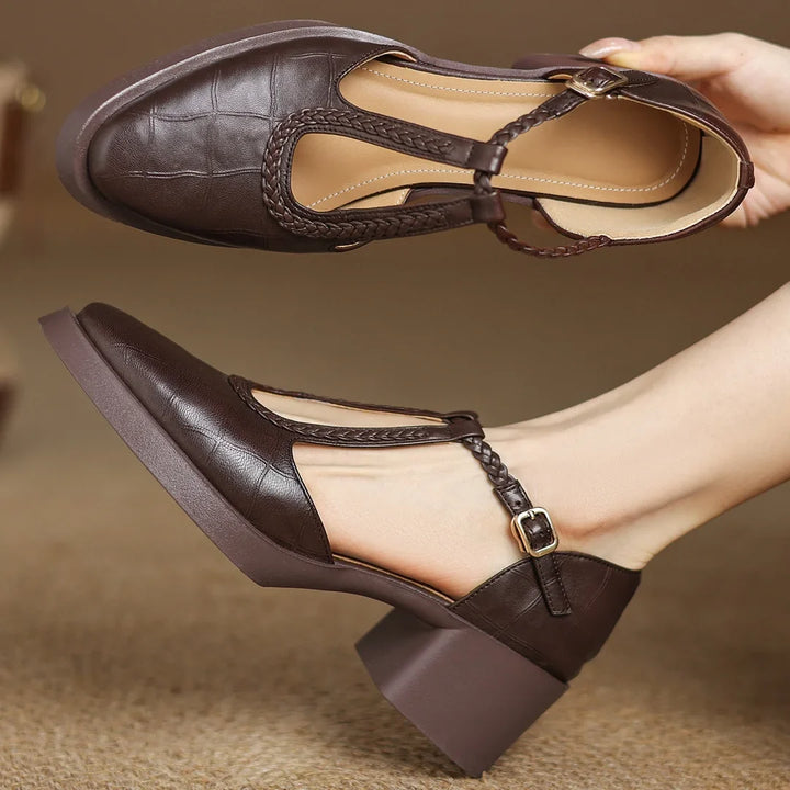 Women’s Elegant T-Strap Mid Heel Shoes