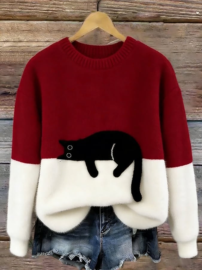 Women’s Oversized Cat Print Pullover Sweater