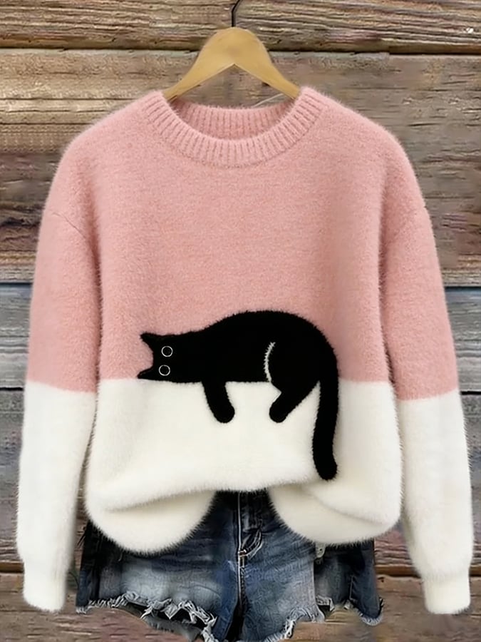 Women’s Oversized Cat Print Pullover Sweater