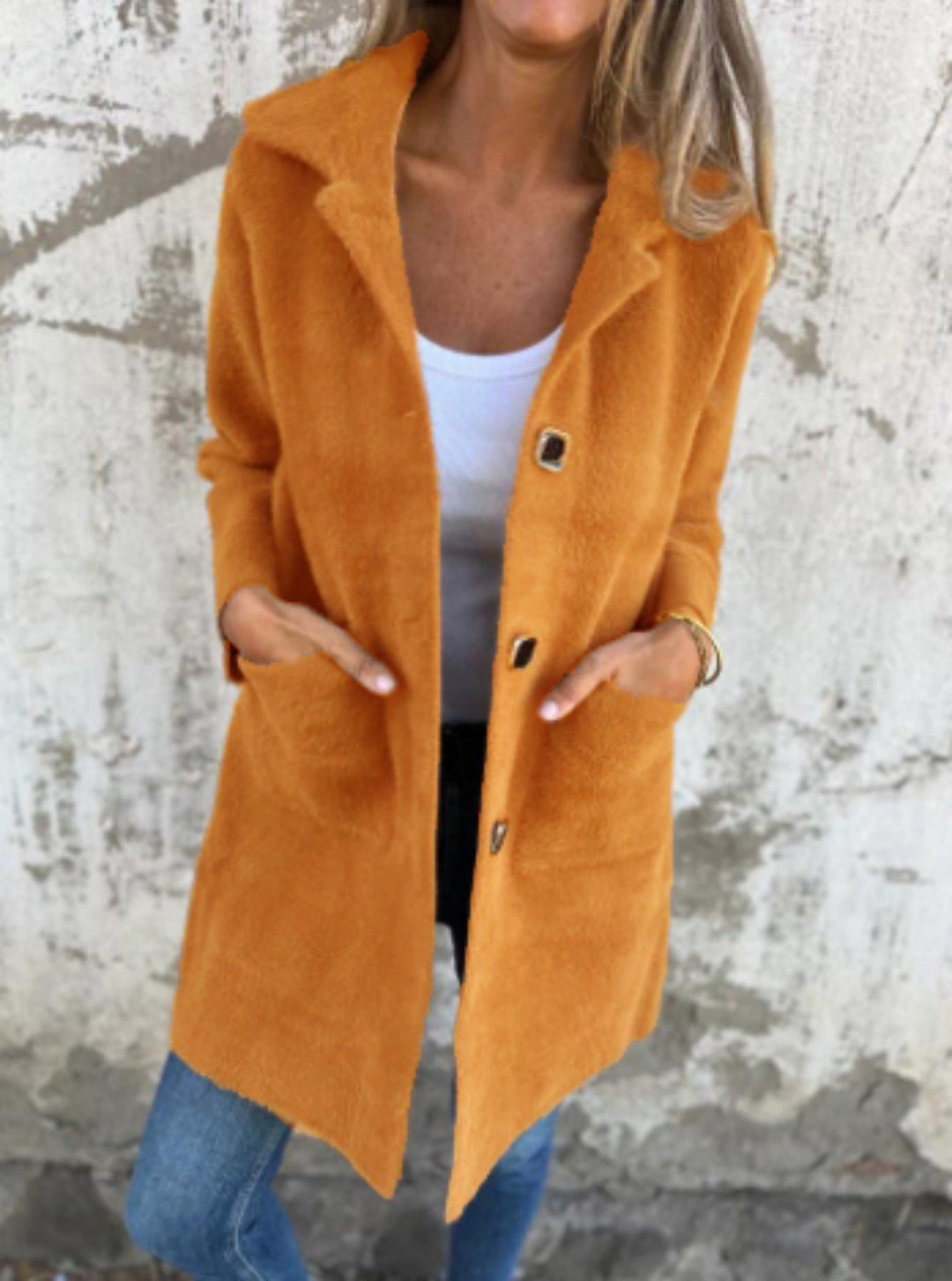 Women’s Long Sleeve Button Front Coat With Pockets