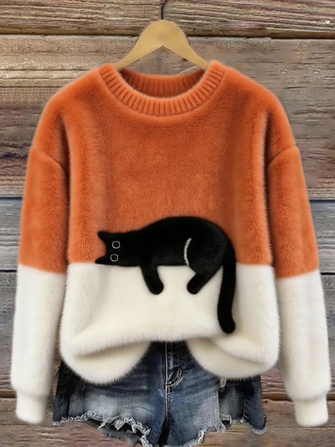 Women’s Oversized Cat Print Pullover Sweater