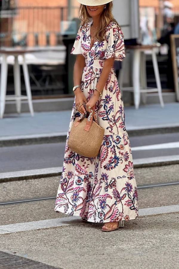 Women’s Floral Print Puff Sleeve Maxi Dress