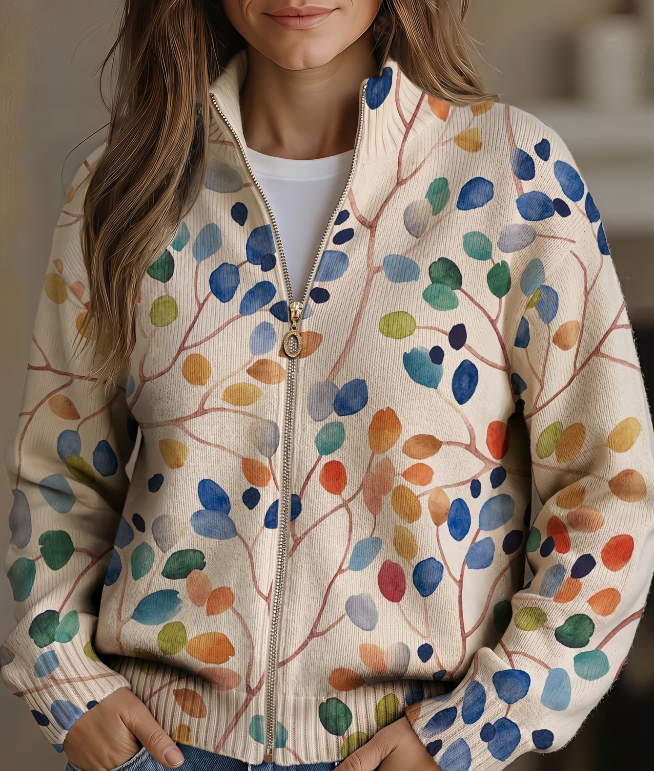Women's Botanical Leaf Print Zip Up Cardigan