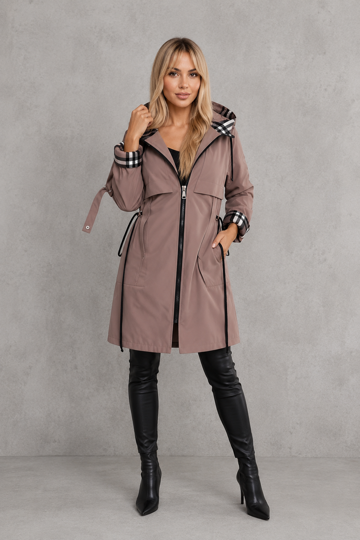 Women’s Hooded Lightweight Rain Jacket With Check Trim