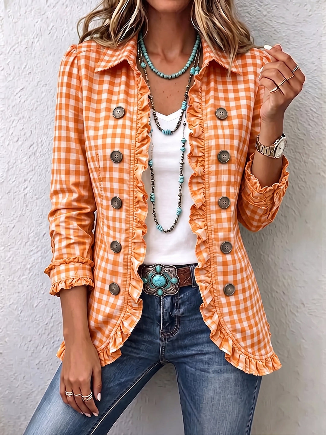 Women’s Gingham Ruffle Button Down Jacket