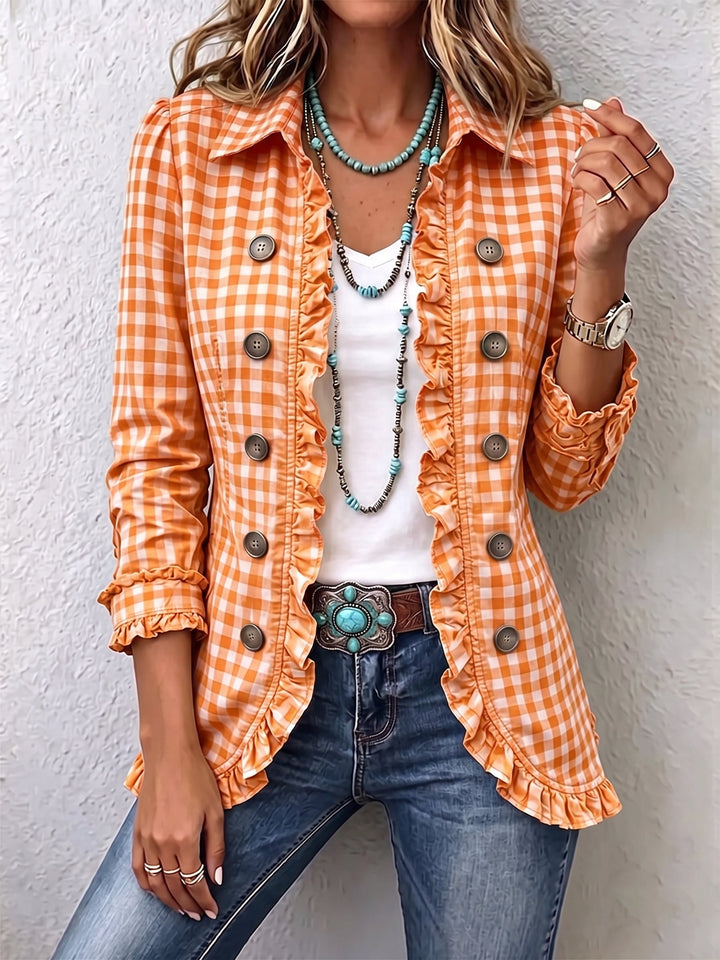 Women’s Gingham Ruffle Button Down Jacket