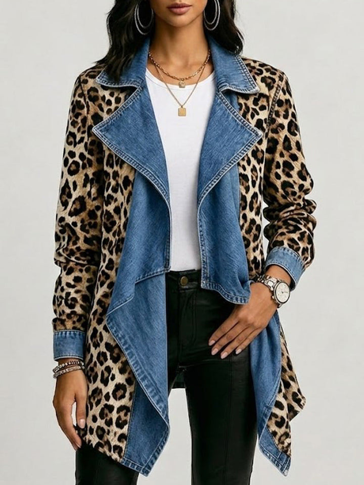 Women’s Leopard Print Washed Paneled Mid-Length Jacket