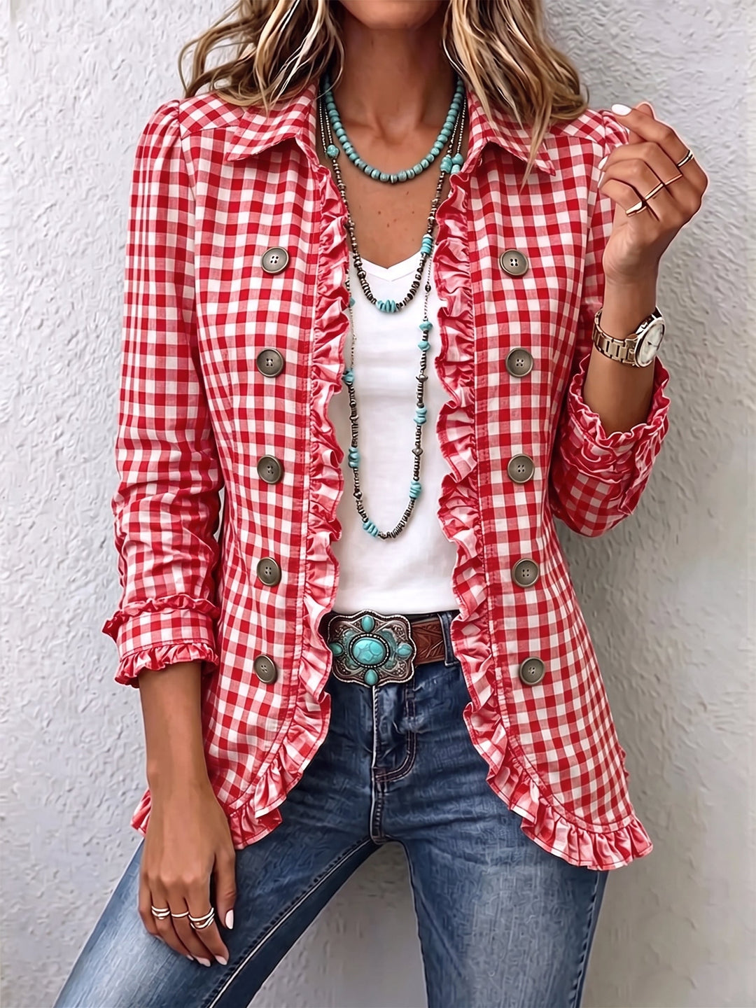 Women’s Gingham Ruffle Button Down Jacket