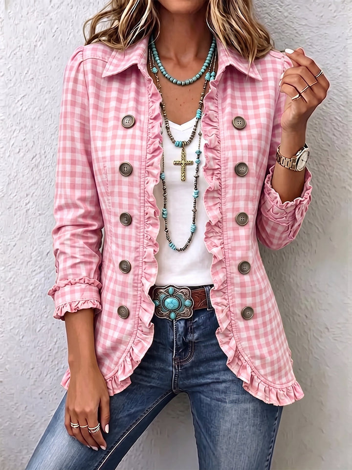 Women’s Gingham Ruffle Button Down Jacket