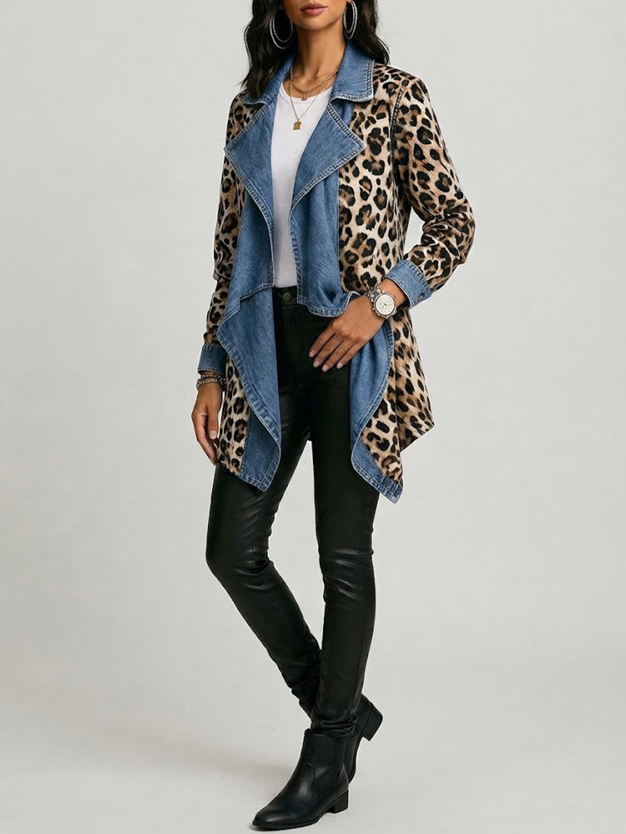 Women’s Leopard Print Washed Paneled Mid-Length Jacket