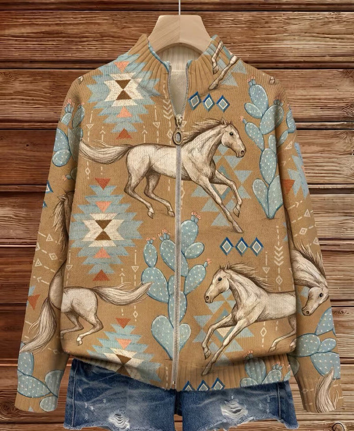 Women’s Horse Print Zip Up Long Sleeve Cardigan