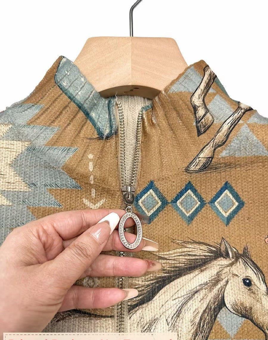 Women’s Horse Print Zip Up Long Sleeve Cardigan