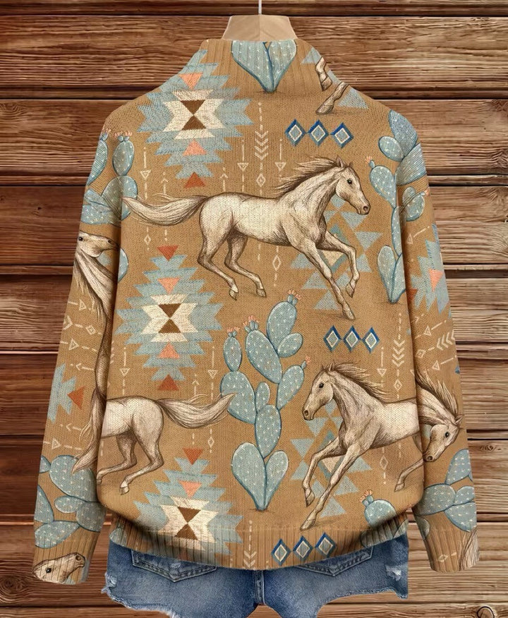 Women’s Horse Print Zip Up Long Sleeve Cardigan