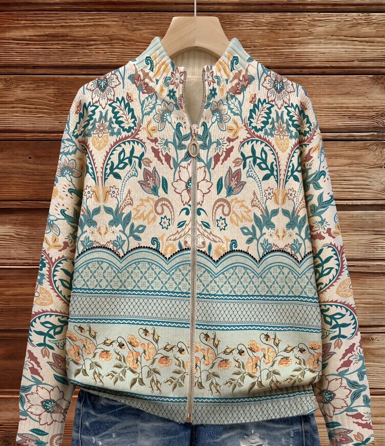 Women's Floral Print Zip Up Knit Cardigan