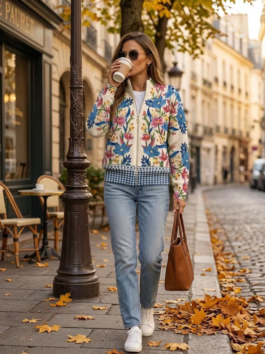 Women’s Floral Print Zip Up Knit Cardigan