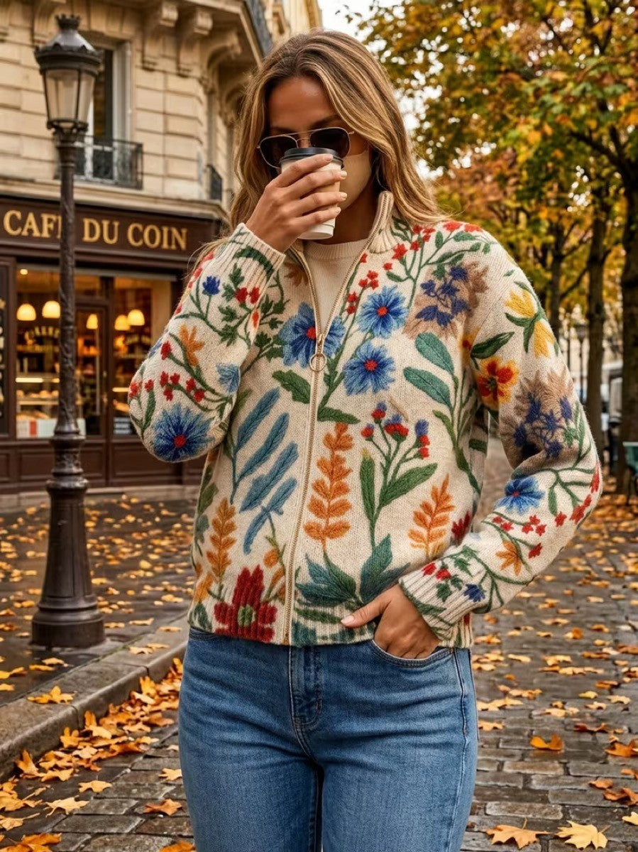 Women’s Floral Print Zip Up Knit Cardigan
