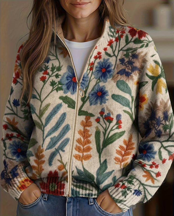 Women’s Floral Print Zip Up Knit Cardigan