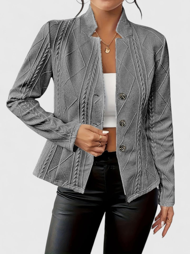 Women’s Textured Knit Stand Collar Button Front Jacket