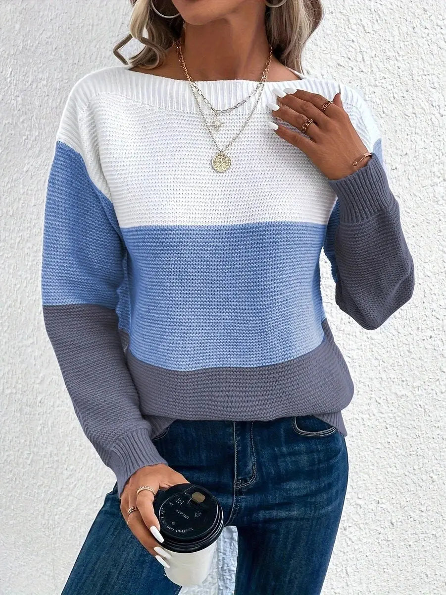 Women’s Colour Block Relaxed Fit Long Sleeve Knit Sweater