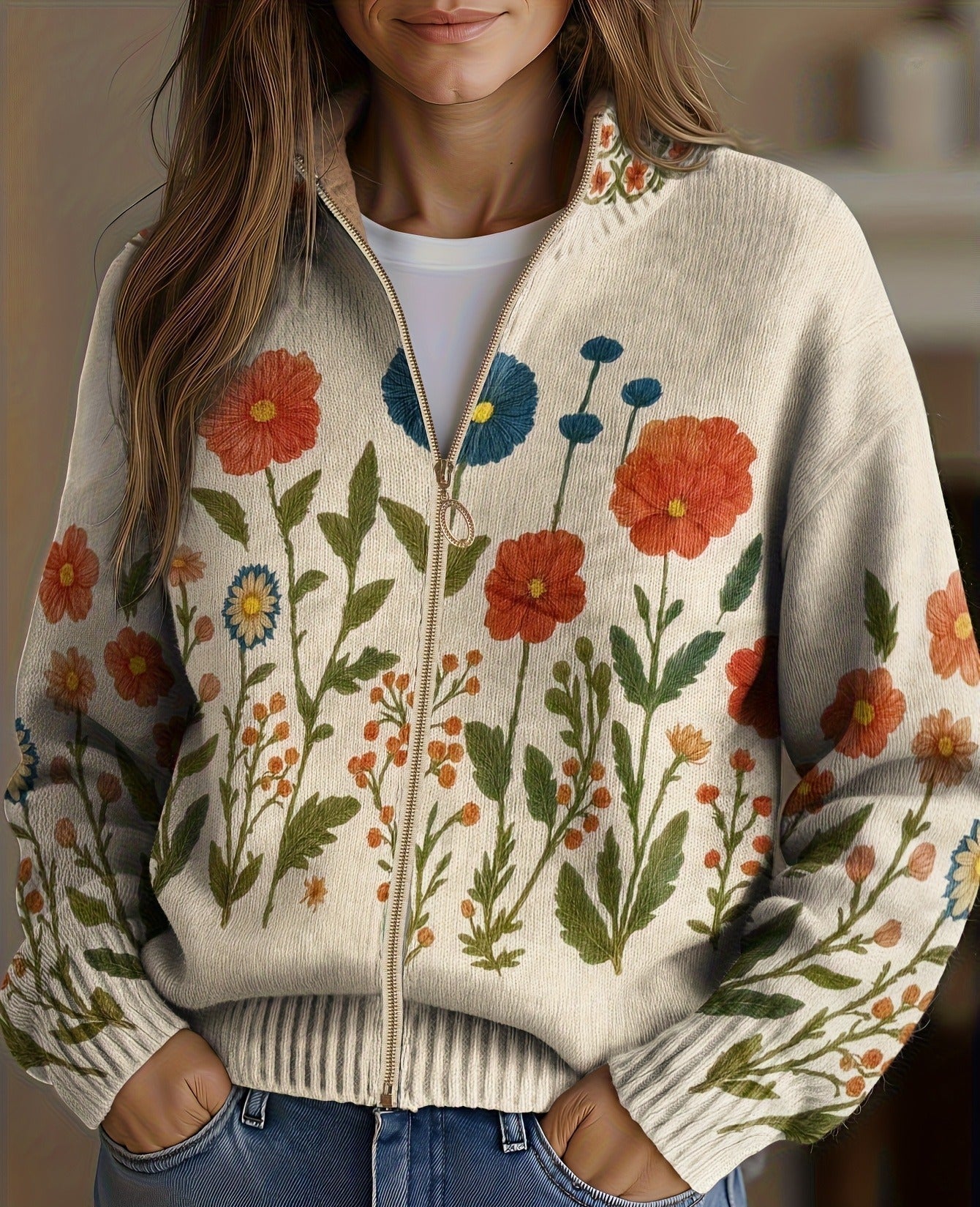 Women's Floral Zip Up Cardigan