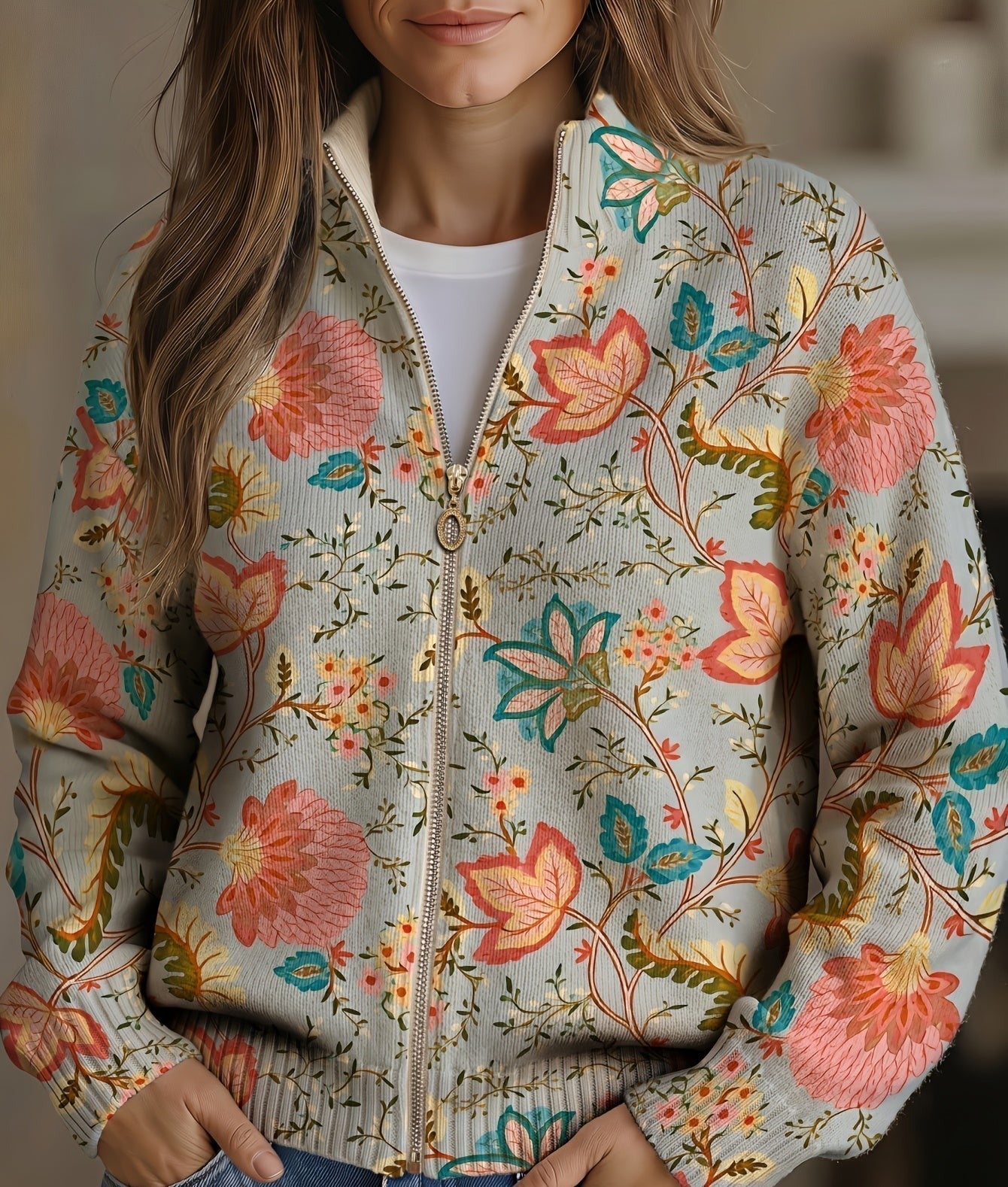 Women's Vintage Floral Zip Up Cardigan