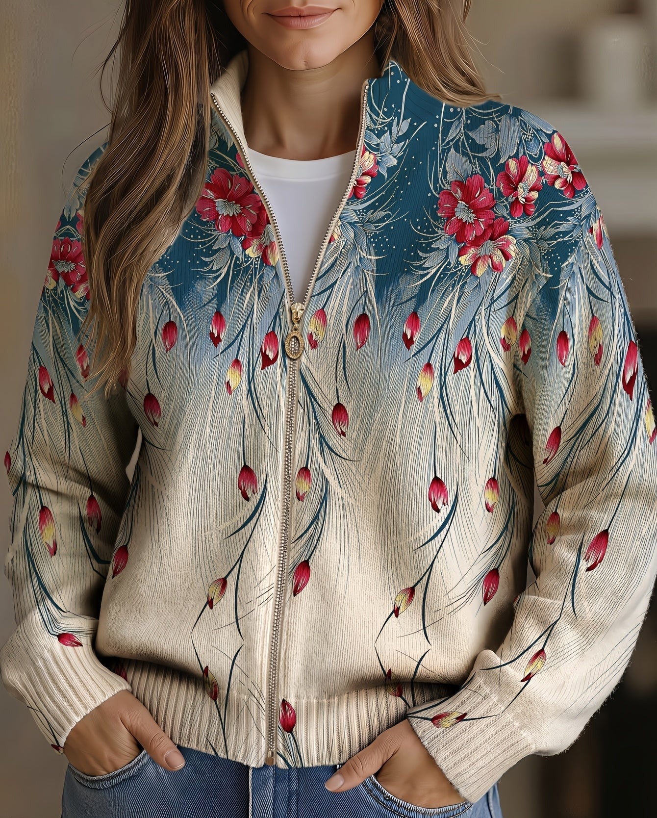 Women's Floral Peacock Zip Up Cardigan